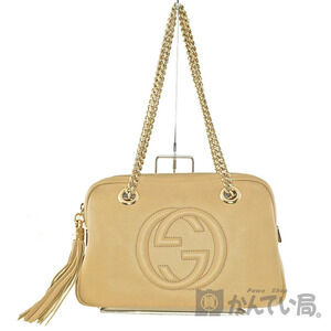 GUCCI Chain Shoulder Bag Leather Beige GG
